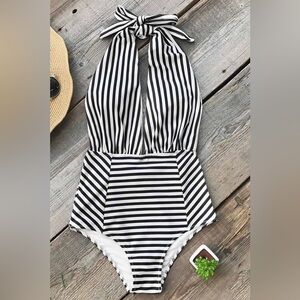 Cupshe Stripe One Piece Swimsuit Halter Plunge Black White Retro Bathing Suit